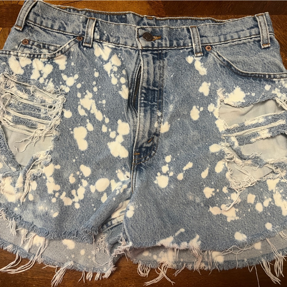 Levi's Blue and White Distressed Jean Shorts, 34 waist